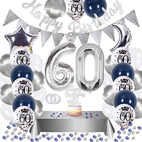60. Geburtstag Dekoration,60 Geburtstag Deko Blau Silber,Silber Konfetti Luftballons Number...