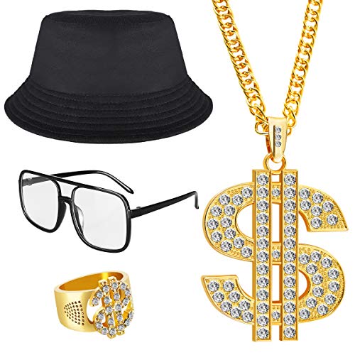 DOERDO 4-teiliges Hip Hop Kostüm-Set,Bucket Hat,Goldkette,Sonnenbrille,Goldring,80er 90er Rapper...