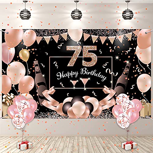 75. Geburtstag Frau Deko, Banner 75 Geburtstag Roségold, 75 Schild Geburtstag mit Luftballons,...